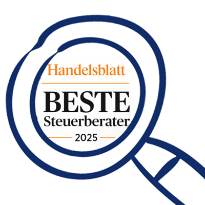 Eine Lupe vergrößert das Logo: Beste Steuerberater 2025 vom Handelsblatt. Lehleiter + Partner wurde im Jahr 2025 als einer der besten Steuerberater in Deutschland ausgezeichnet.