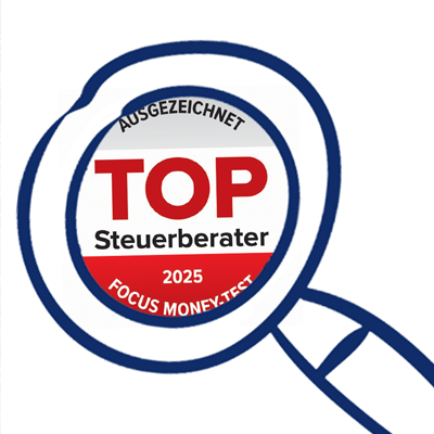 Eine Lupe vergrößert das Logo: TOP Steuerberater 2025 von Focus Money. Lehleiter + Partner wurde im Jahr 2025 als einer der besten Steuerberater Deutschlands ausgezeichnet.