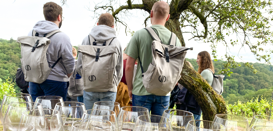 Das Team von Lehleiter + Partner bei einer Weinwanderung in Dresden. Sie stehen mit dem Rücken zum Betrachter, haben graue Hoodies mit dem Logo von Lehleiter + Partner an und jeweils einen grauen Rucksack, ebenfalls mit dem Logo von Lehleiter + Partner darauf. Im Vordergrund sieht man einen Tisch mit Weingläsern. Alle blicken in die Weinberge hinunter.