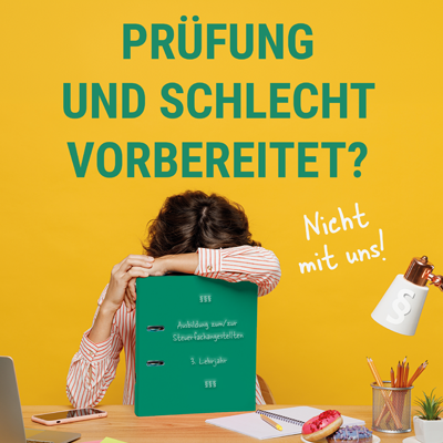 Bild zur Bewerbung des Klausurenkurses für das 3. Lehrjahr der Lehleiter + Partner Akademie: Ein verzweifelter Schüler lehnt auf einem Ordner. Darüber der Text: Prüfung und schlecht vorbereitet? Nicht mit uns! Jetzt anmelden!