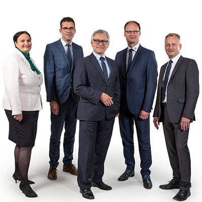 Der Vorstand von Lehleiter + Partner mit Carola Thiel, Florian Ludwar, Robert Lehleiter, Stephan Nedo und Rolf Gottsmann.